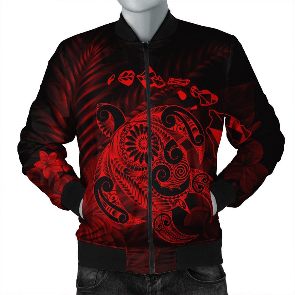 Hawaiian Map Turtle Tattoo Hibiscus Plumeria Polynesian Bomber Jacket - Red - AH Black Unisex - Polynesian Pride