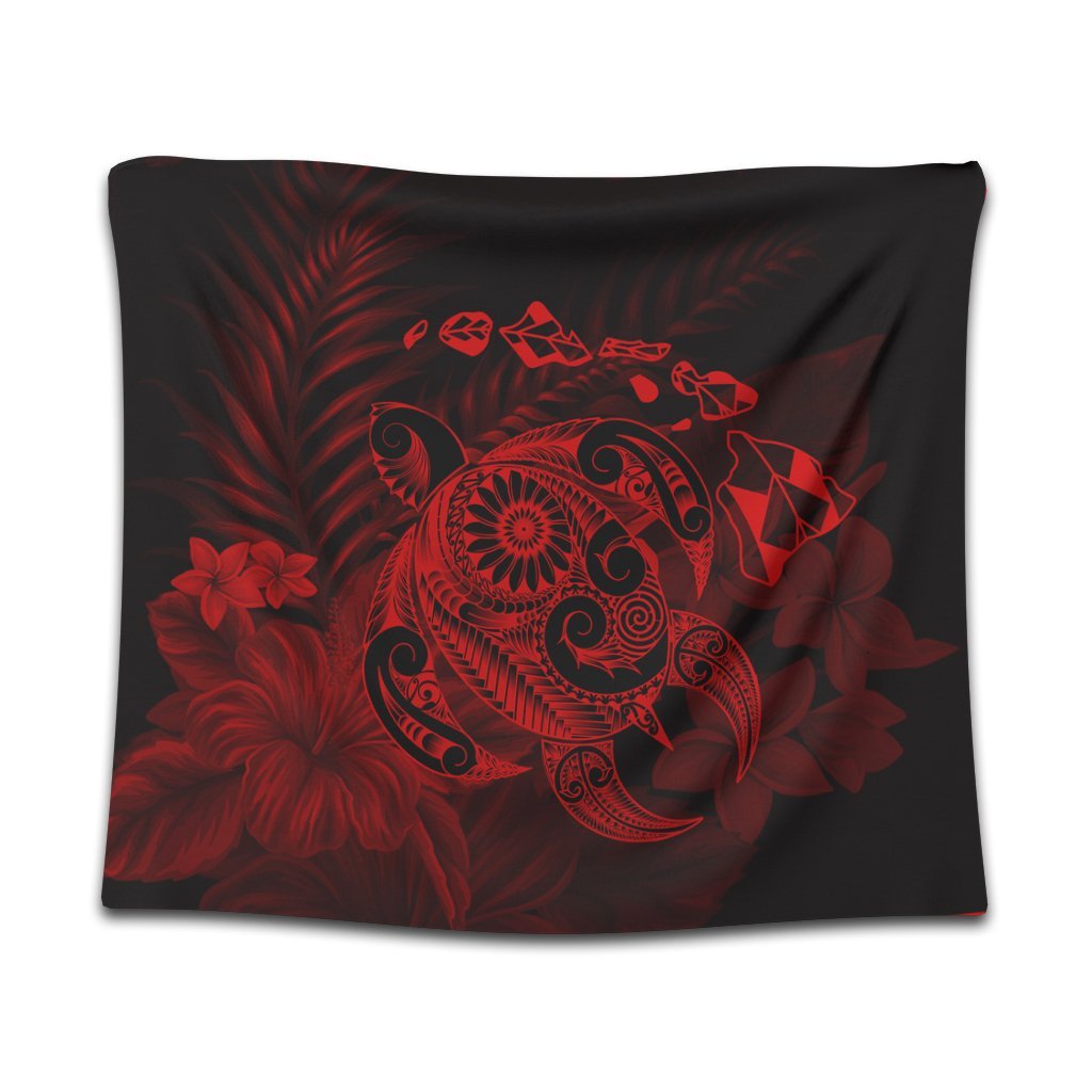 Hawaiian Map Turtle Tattoo Hibiscus Plumeria Polynesian Tapestry - Red - AH Wall Tapestry Black - Polynesian Pride