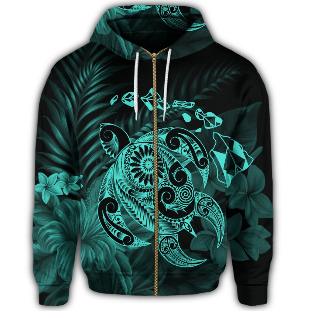 Hawaiian Map Turtle Tattoo Hibiscus Plumeria Polynesian Zip Hoodie Turquoise - Polynesian Pride