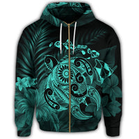 Hawaiian Map Turtle Tattoo Hibiscus Plumeria Polynesian Zip Hoodie Turquoise - Polynesian Pride