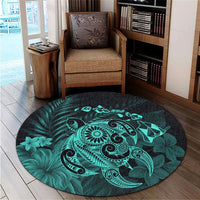Hawaiian Map Turtle Tattoo Hibiscus Plumeria Polynesian Round Carpet - Turquoise - AH - Polynesian Pride