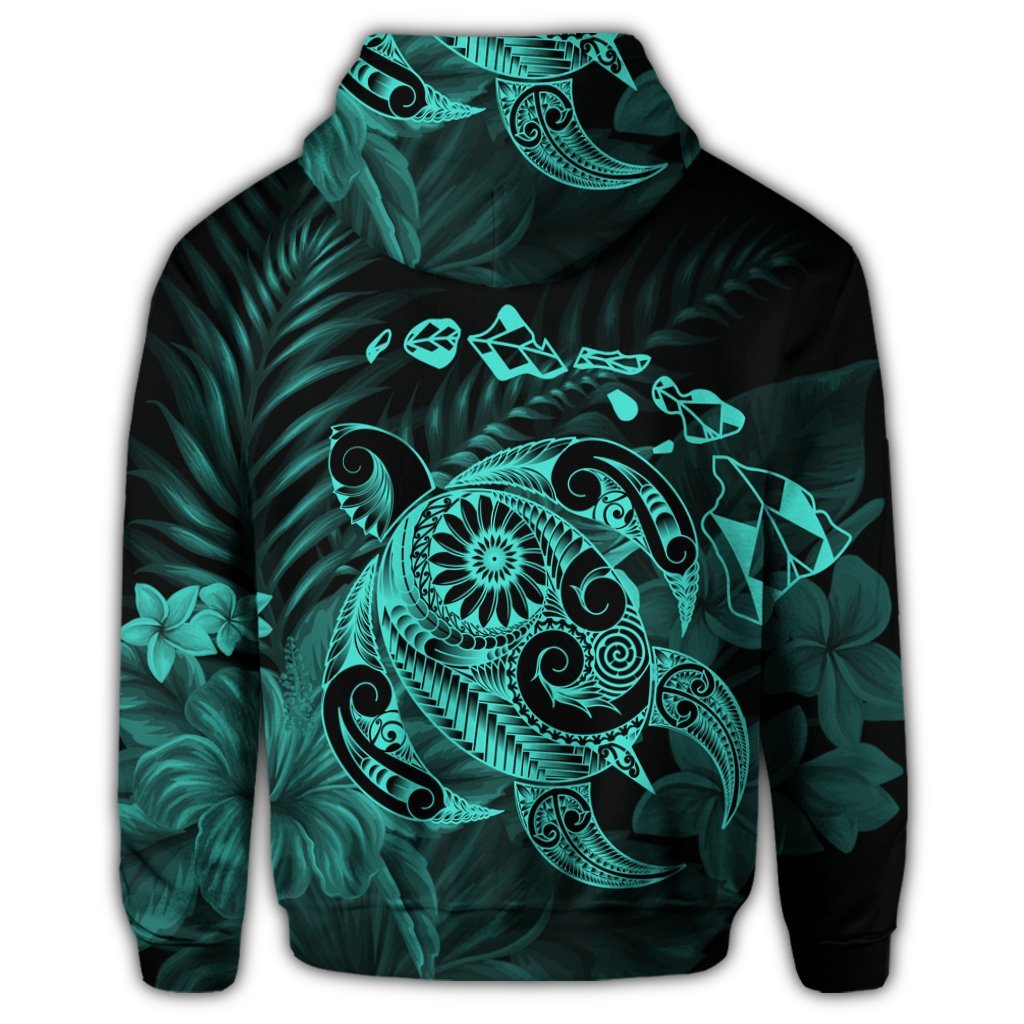 Hawaiian Map Turtle Tattoo Hibiscus Plumeria Polynesian Zip Hoodie Turquoise - Polynesian Pride