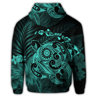 Hawaiian Map Turtle Tattoo Hibiscus Plumeria Polynesian Zip Hoodie Turquoise - Polynesian Pride