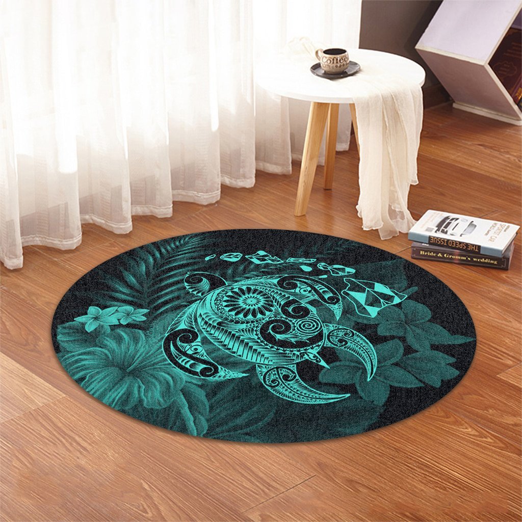 Hawaiian Map Turtle Tattoo Hibiscus Plumeria Polynesian Round Carpet - Turquoise - AH - Polynesian Pride