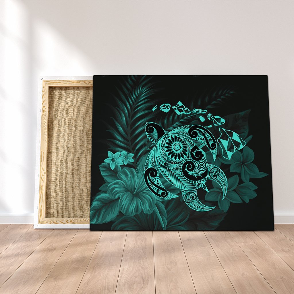 Hawaiian Map Turtle Tattoo Hibiscus Plumeria Polynesian Canvas - Turquoise - AH Canvas Poly-cotton - Polynesian Pride