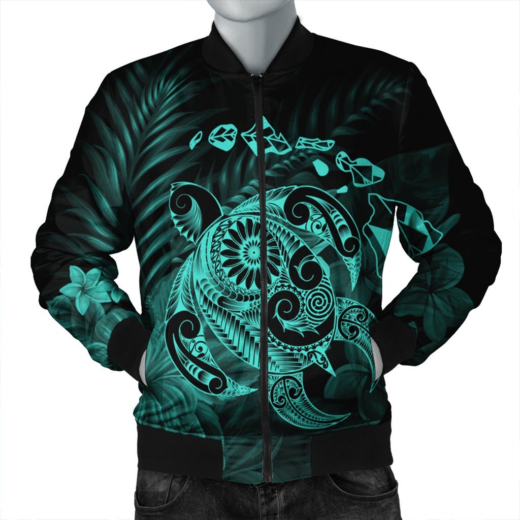 Hawaiian Map Turtle Tattoo Hibiscus Plumeria Polynesian Bomber Jacket - Turquoise - AH Black Unisex - Polynesian Pride