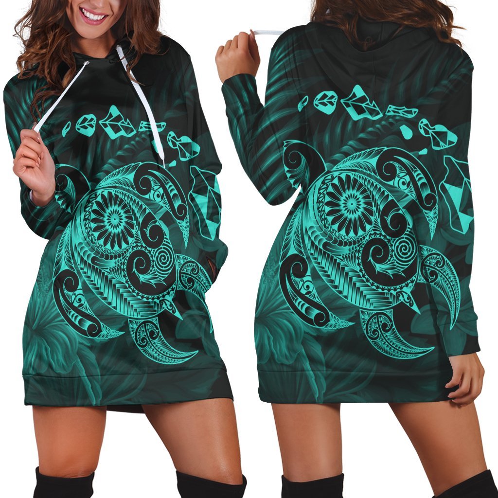 Hawaiian Map Turtle Tattoo Hibiscus Plumeria Polynesian Hoodie Dress - Turquoise - AH Black - Polynesian Pride