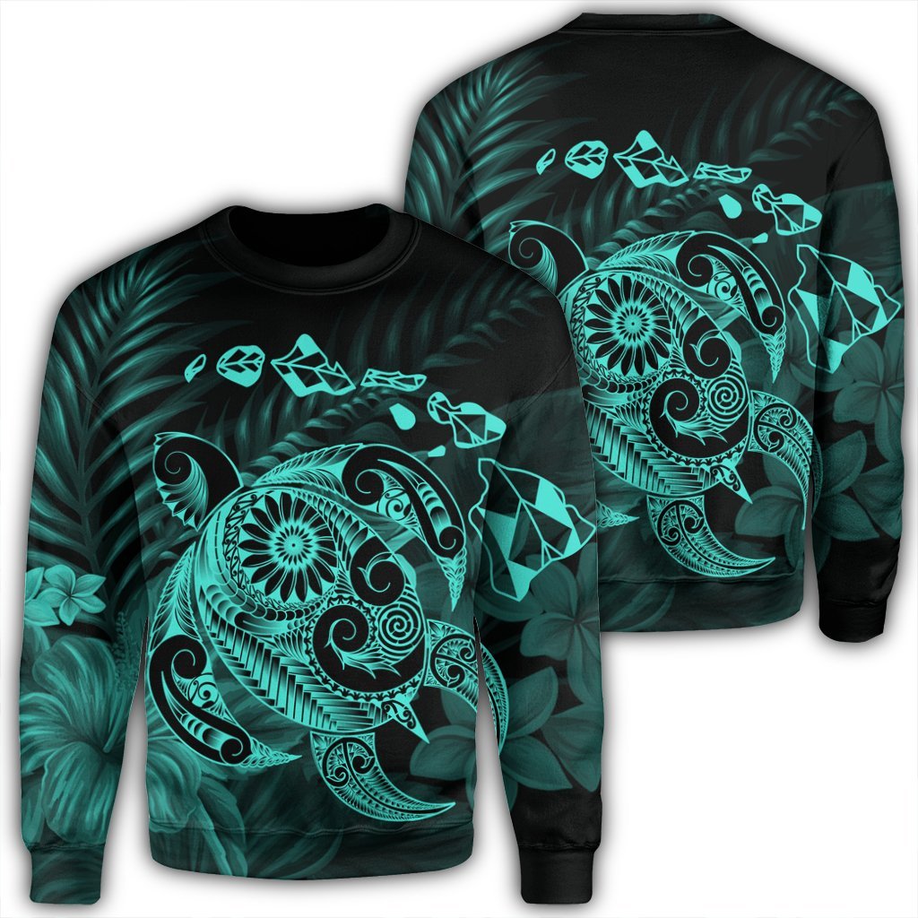 Hawaiian Map Turtle Tattoo Hibiscus Plumeria Polynesian Sweatshirt - Turquoise - AH Unisex Black - Polynesian Pride