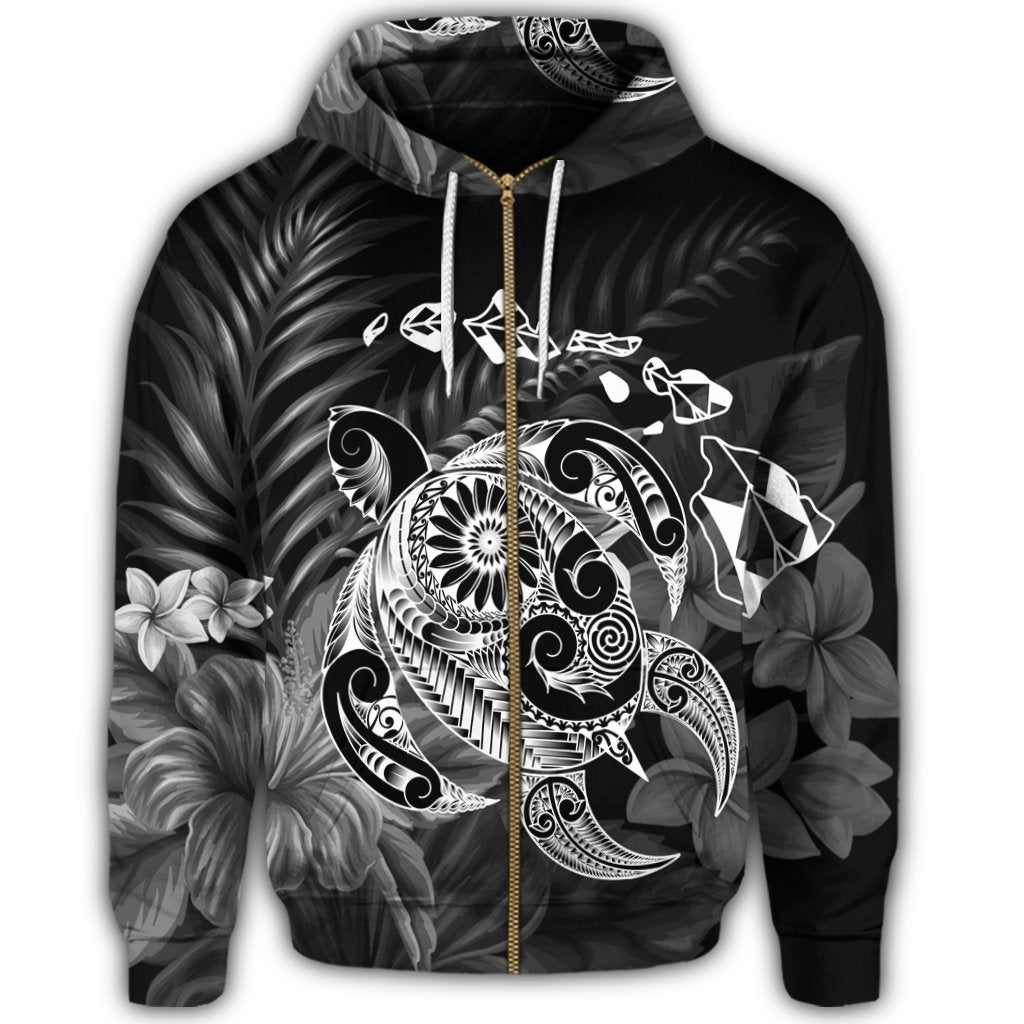 Hawaiian Map Turtle Tattoo Hibiscus Plumeria Polynesian Zip Hoodie White - Polynesian Pride