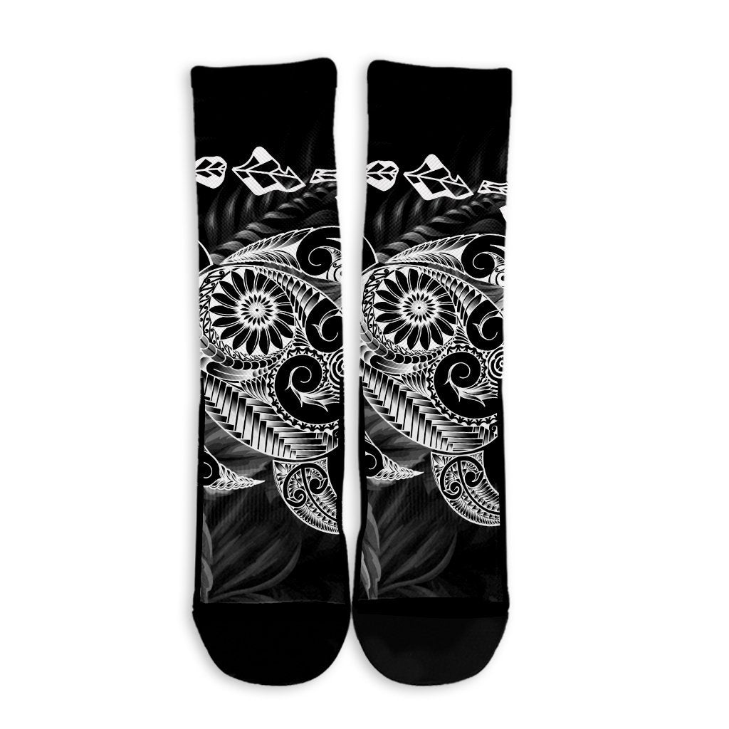 Hawaiian Map Turtle Tattoo Hibiscus Plumeria Polynesian Crew Socks - White - AH - Polynesian Pride