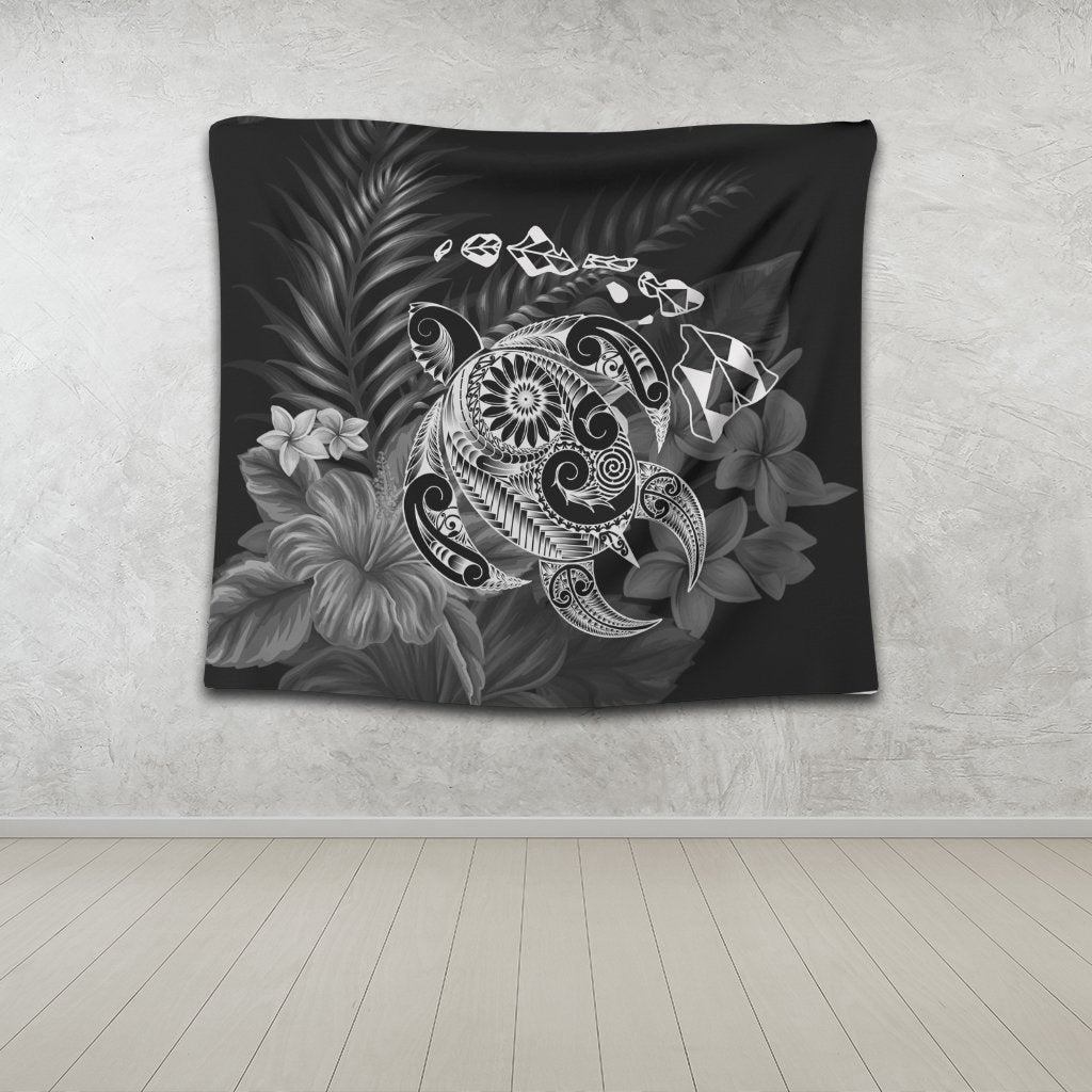 Hawaiian Map Turtle Tattoo Hibiscus Plumeria Polynesian Tapestry - White - AH - Polynesian Pride