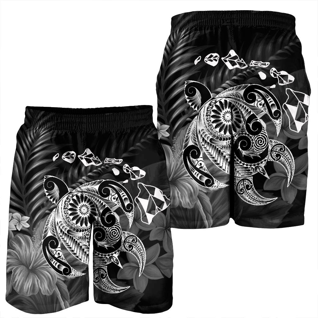 Hawaiian Map Turtle Tattoo Hibiscus Plumeria Polynesian Men's Shorts - White - AH - Polynesian Pride
