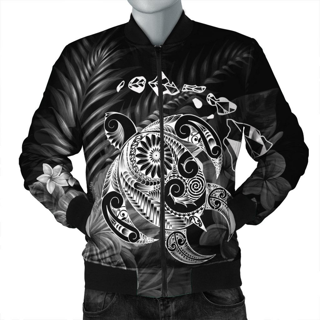 Hawaiian Map Turtle Tattoo Hibiscus Plumeria Polynesian Bomber Jacket - White - AH Black Unisex - Polynesian Pride