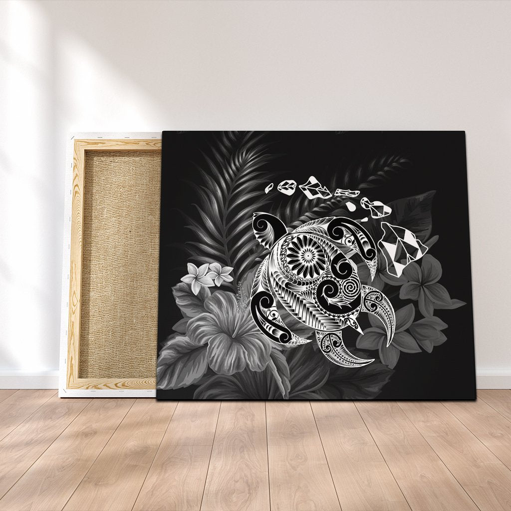 Hawaiian Map Turtle Tattoo Hibiscus Plumeria Polynesian Canvas - White - AH Canvas Poly-cotton - Polynesian Pride