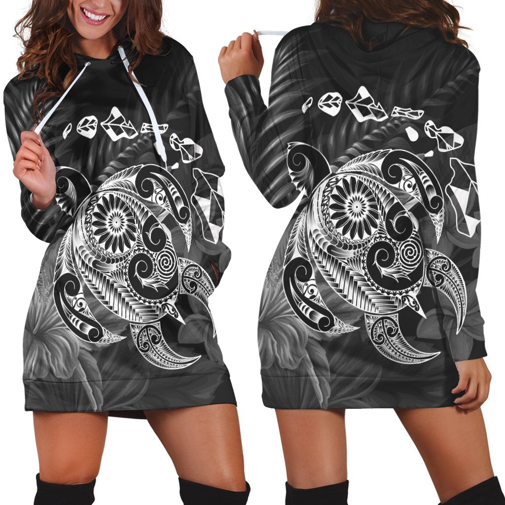 Hawaiian Map Turtle Tattoo Hibiscus Plumeria Polynesian Hoodie Dress - White - AH Black - Polynesian Pride