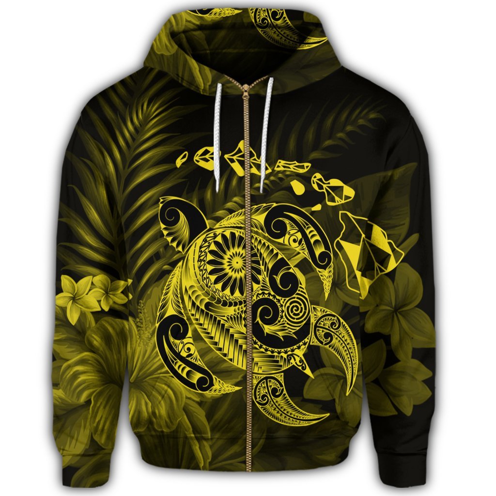 Hawaiian Map Turtle Tattoo Hibiscus Plumeria Polynesian Zip Hoodie Yellow - Polynesian Pride