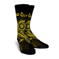Hawaiian Map Turtle Tattoo Hibiscus Plumeria Polynesian Crew Socks - Yellow - AH - Polynesian Pride