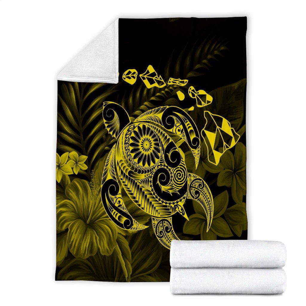 Hawaiian Map Turtle Tattoo Hibiscus Plumeria Polynesian Premium Blankets - Yellow - AH - Polynesian Pride