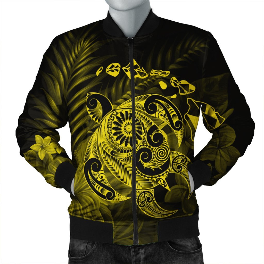 Hawaiian Map Turtle Tattoo Hibiscus Plumeria Polynesian Bomber Jacket - Yellow - AH Black Unisex - Polynesian Pride