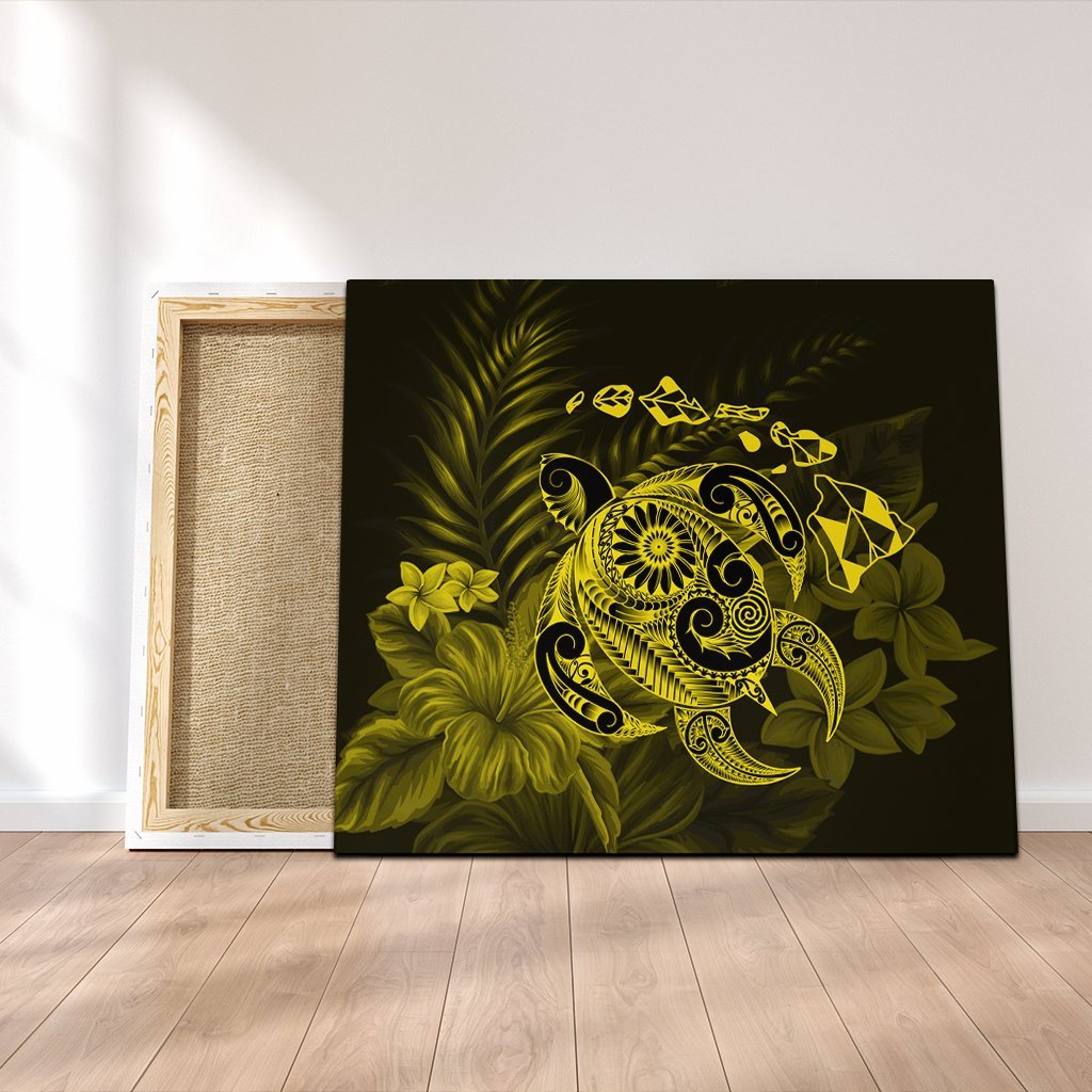 Hawaiian Map Turtle Tattoo Hibiscus Plumeria Polynesian Canvas - Yellow - AH Canvas Poly-cotton - Polynesian Pride