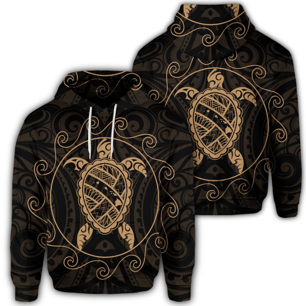 Hawaiian Map Turtle Wave Polynesian Hoodie Gold Unisex Art - Polynesian Pride