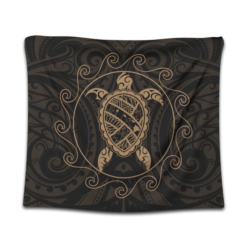 Hawaiian Map Turtle Wave Polynesian Tapestry Gold - AH Wall Tapestry Black - Polynesian Pride