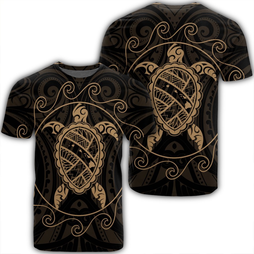 Hawaiian Map Turtle Wave Polynesian T Shirt Gold AH Unisex Black - Polynesian Pride