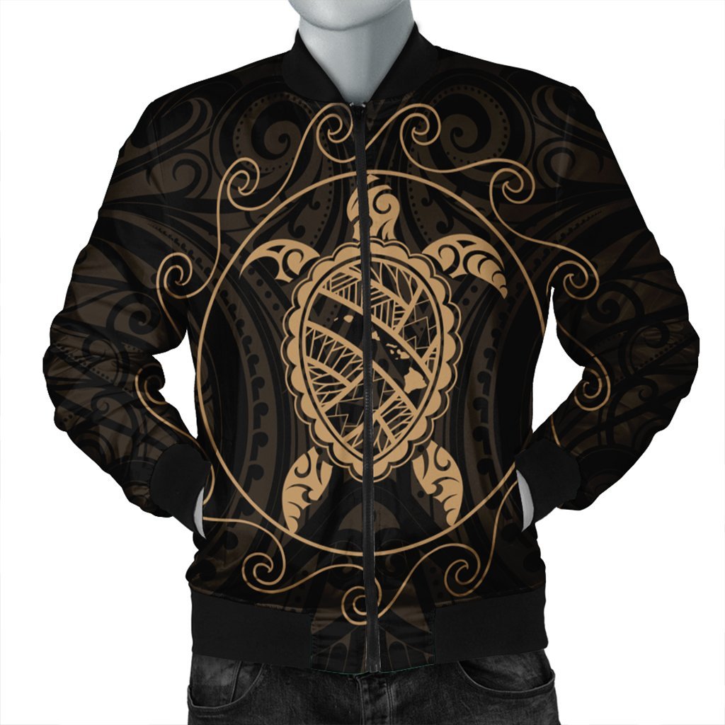 Hawaiian Map Turtle Wave Polynesian Bomber Jacket Gold - AH Black Unisex - Polynesian Pride