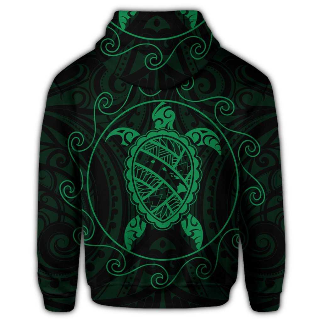 Hawaiian Map Turtle Wave Polynesian Hoodie Green - Polynesian Pride