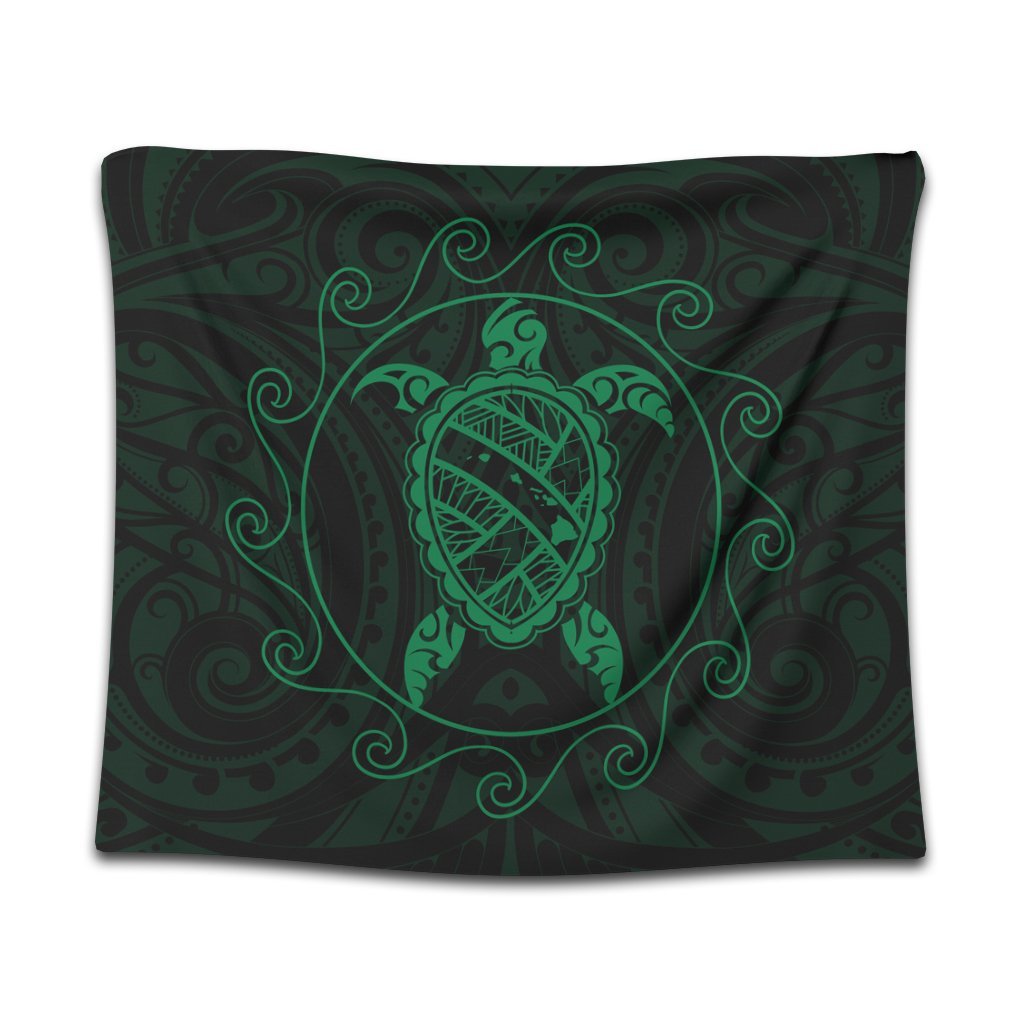 Hawaiian Map Turtle Wave Polynesian Tapestry Green - AH Wall Tapestry Black - Polynesian Pride