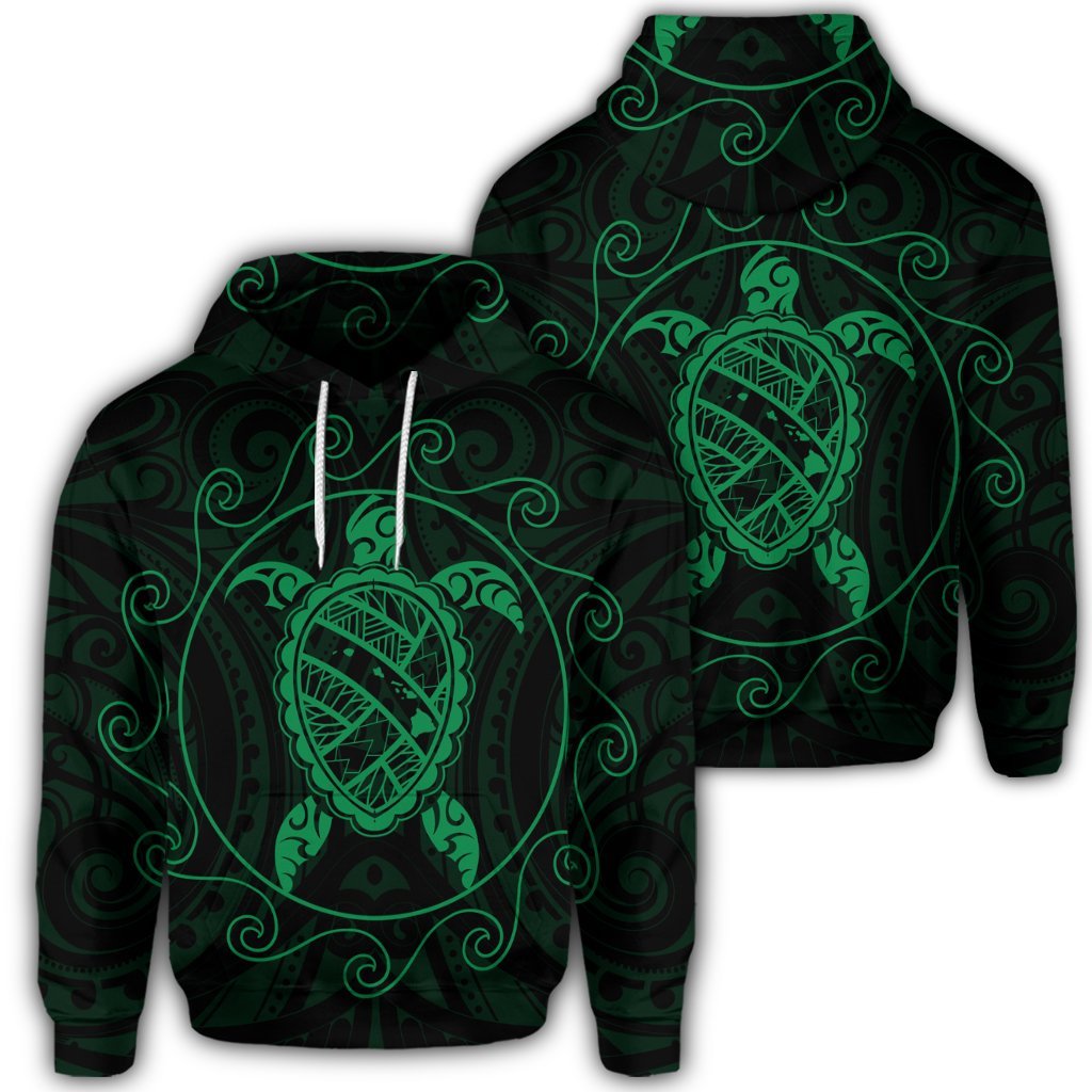 Hawaiian Map Turtle Wave Polynesian Hoodie Green Unisex Art - Polynesian Pride