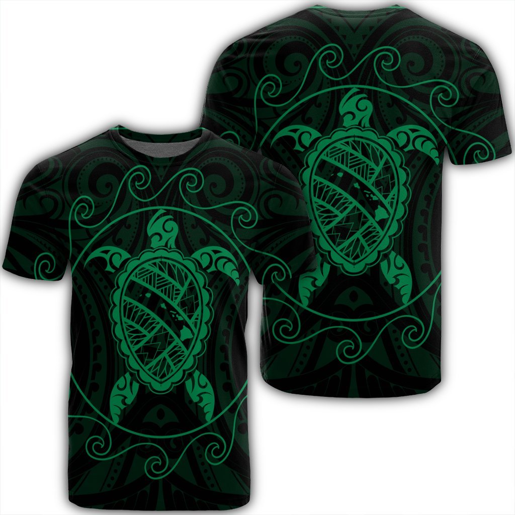 Hawaiian Map Turtle Wave Polynesian T Shirt Green AH Unisex Black - Polynesian Pride