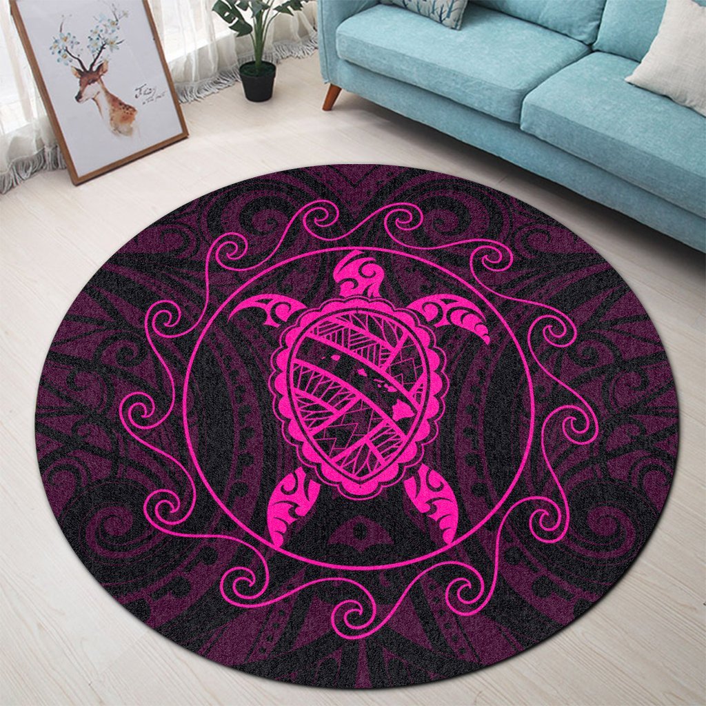 Hawaiian Map Turtle Wave Polynesian Round Carpet Pink - AH - Polynesian Pride
