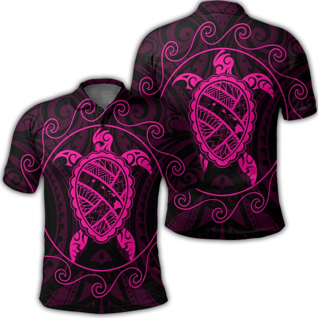 Hawaiian Map Turtle Wave Polynesian Polo Shirt Pink Unisex Black - Polynesian Pride