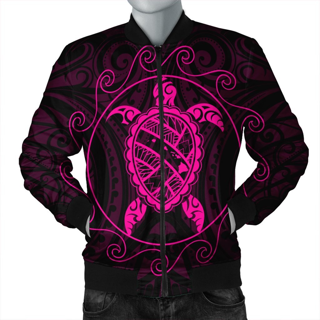 Hawaiian Map Turtle Wave Polynesian Bomber Jacket Pink - AH Black Unisex - Polynesian Pride