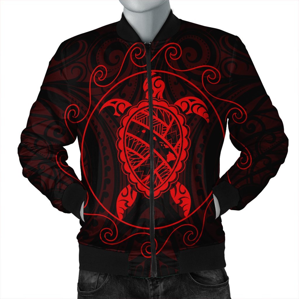 Hawaiian Map Turtle Wave Polynesian Bomber Jacket Red - AH Black Unisex - Polynesian Pride