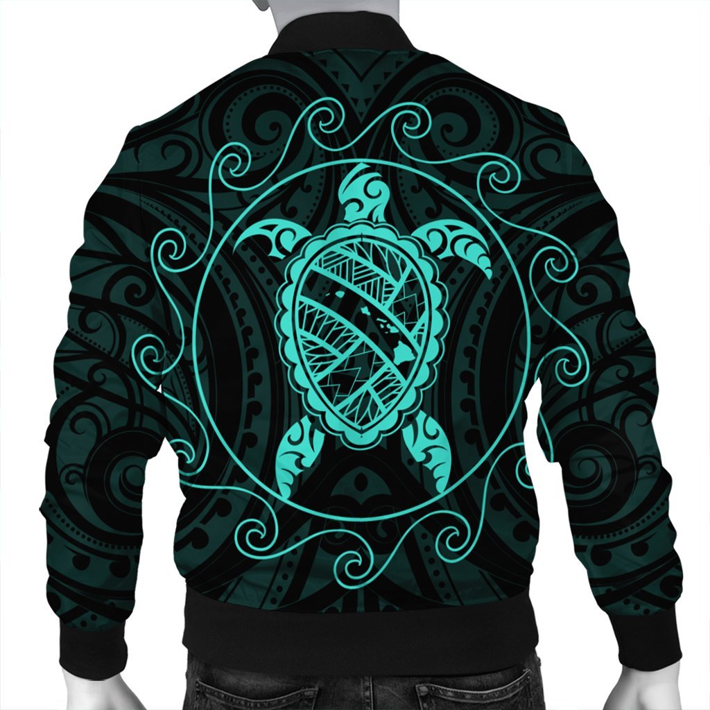 Hawaiian Map Turtle Wave Polynesian Bomber Jacket Turquoise - AH - Polynesian Pride