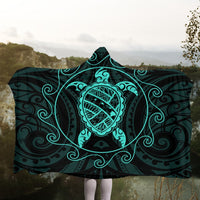Hawaiian Map Turtle Wave Polynesian Hooded Blanket Turquoise - AH - Polynesian Pride