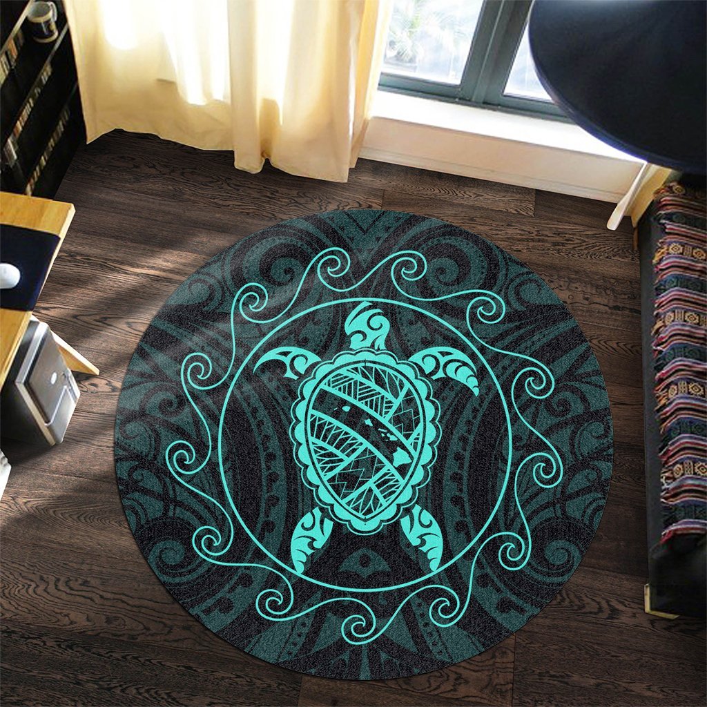 Hawaiian Map Turtle Wave Polynesian Round Carpet Turquoise - AH - Polynesian Pride