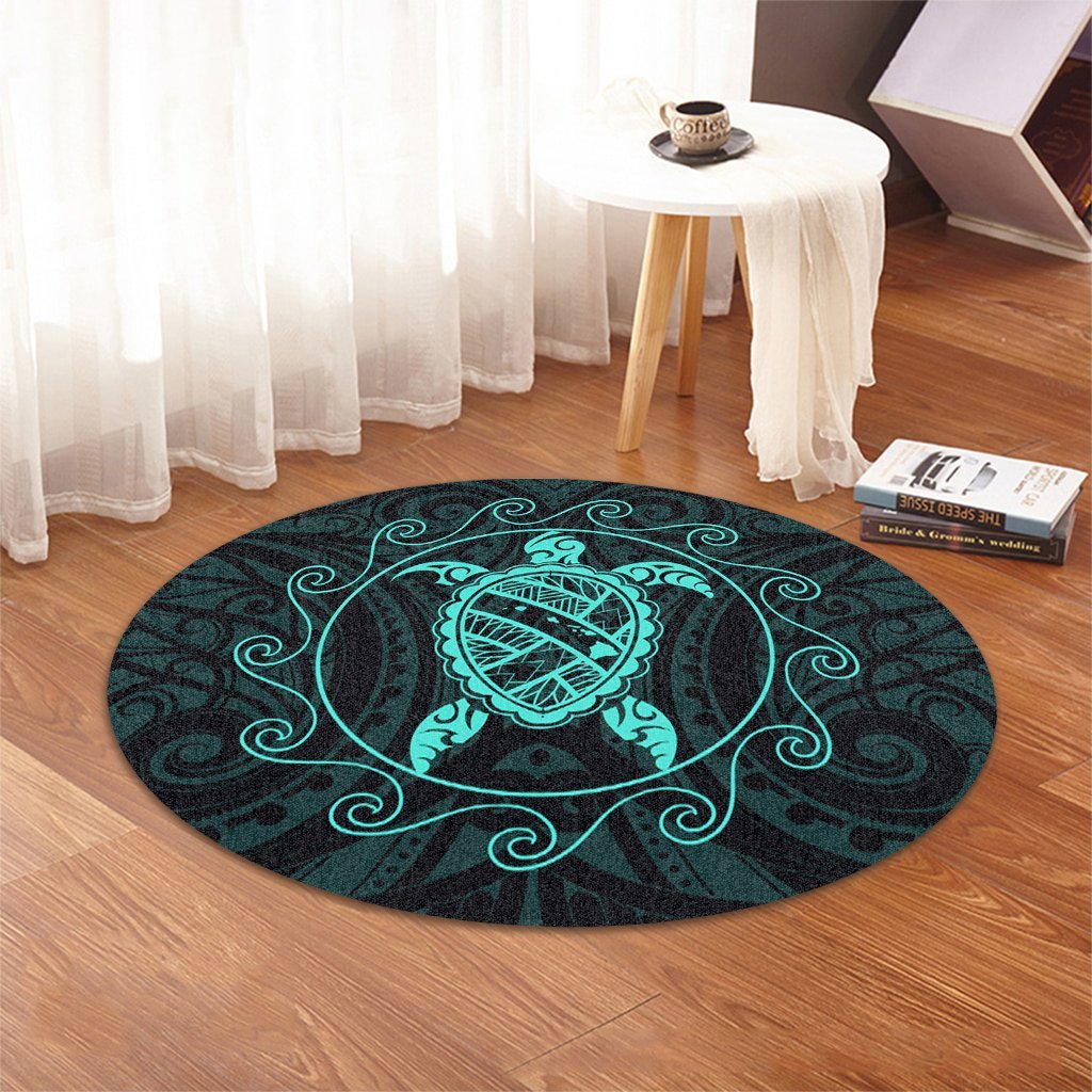 Hawaiian Map Turtle Wave Polynesian Round Carpet Turquoise - AH - Polynesian Pride