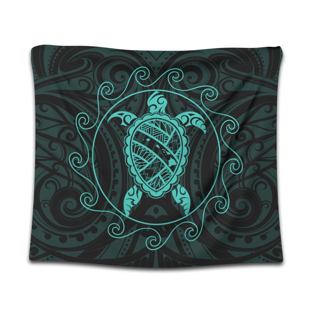 Hawaiian Map Turtle Wave Polynesian Tapestry Turquoise - AH Wall Tapestry Black - Polynesian Pride