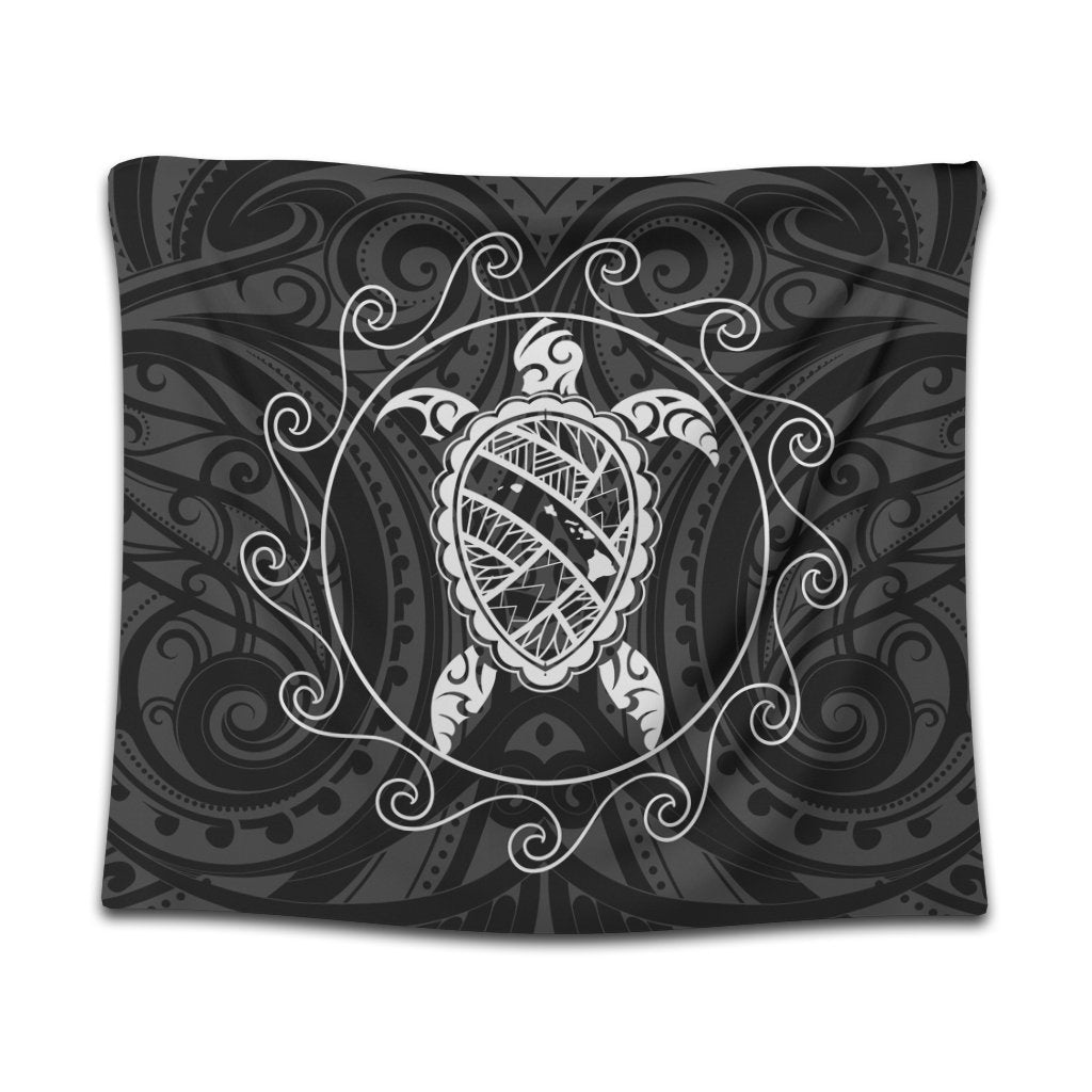 Hawaiian Map Turtle Wave Polynesian Tapestry White - AH Wall Tapestry Black - Polynesian Pride