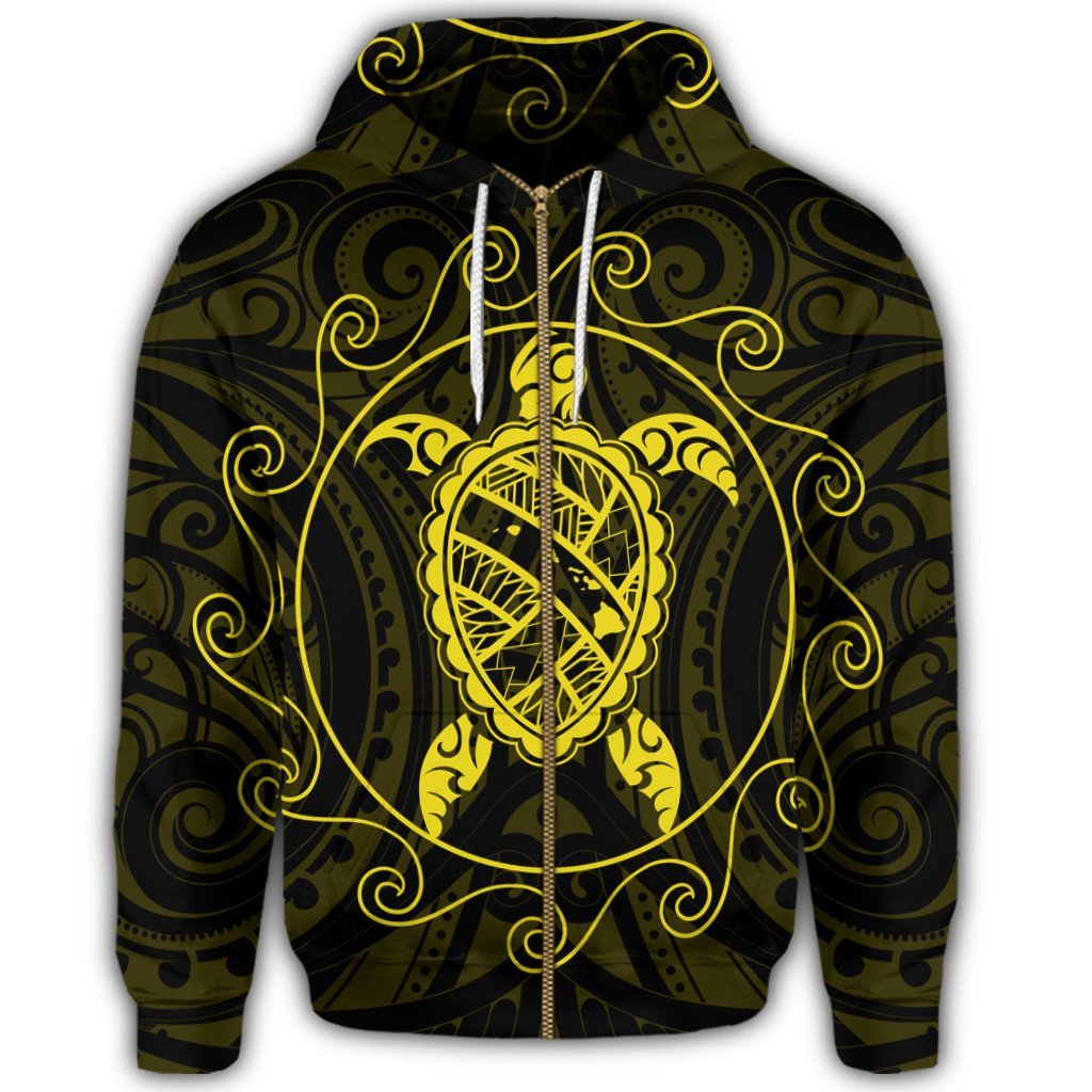 Hawaiian Map Turtle Wave Polynesian Zip Hoodie Yellow - Polynesian Pride