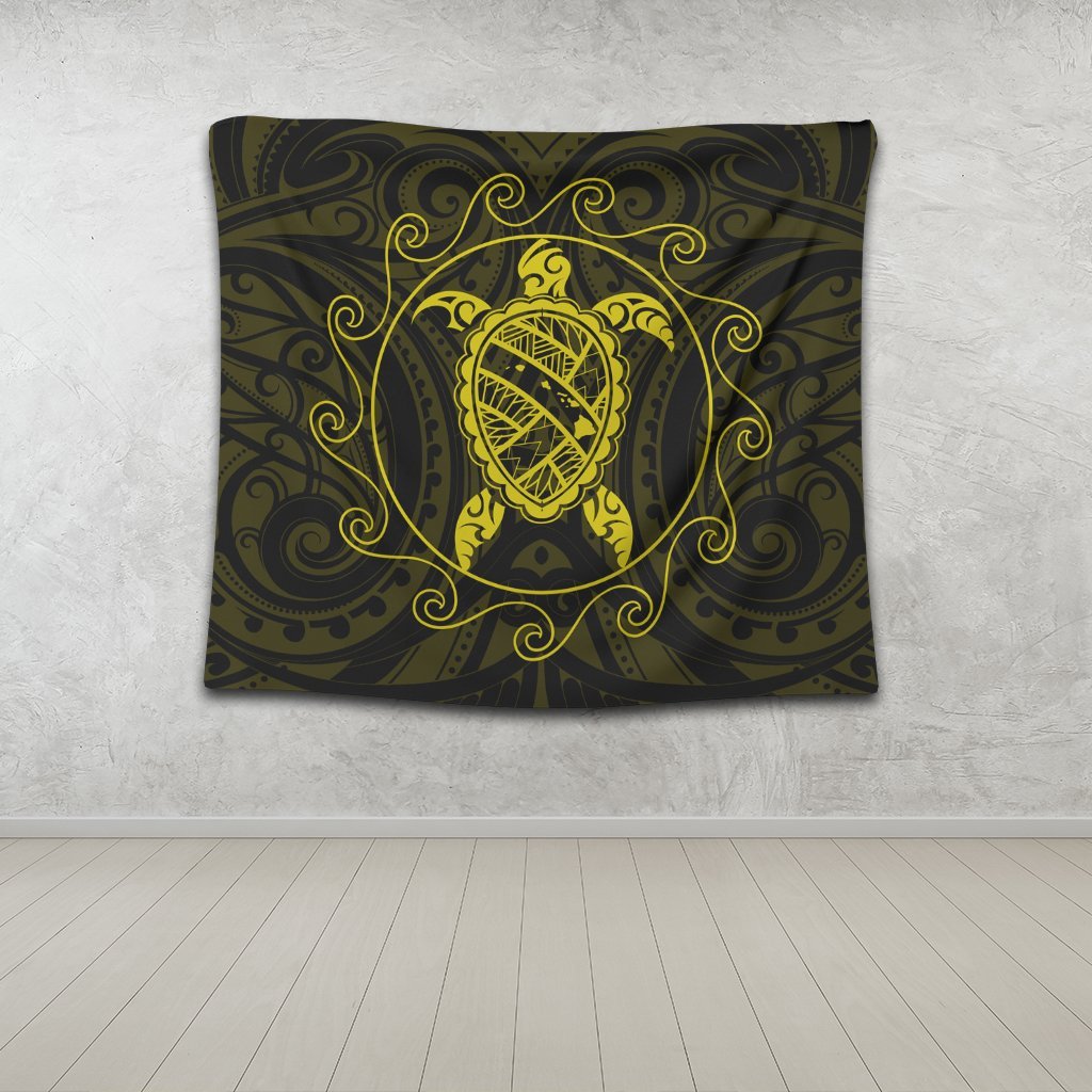 Hawaiian Map Turtle Wave Polynesian Tapestry Yellow - AH - Polynesian Pride