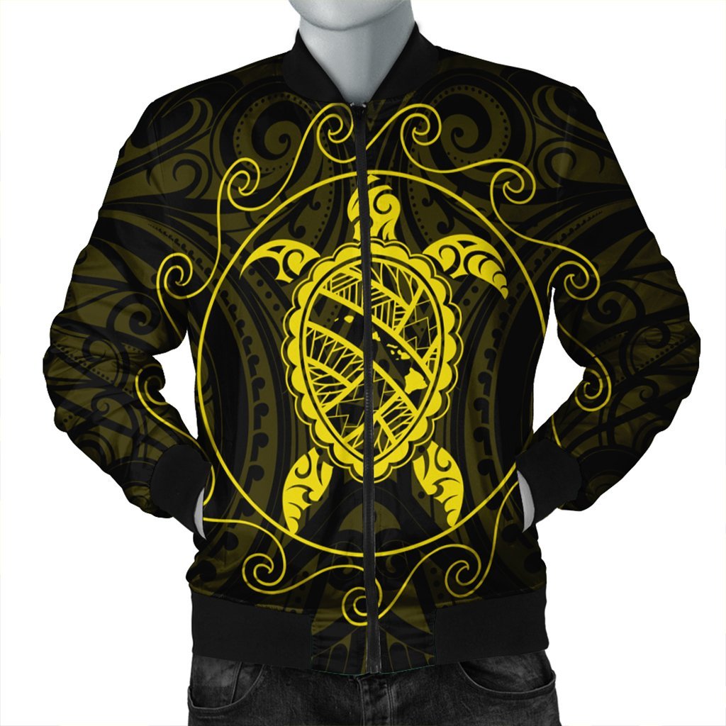 Hawaiian Map Turtle Wave Polynesian Bomber Jacket Yellow - AH Black Unisex - Polynesian Pride