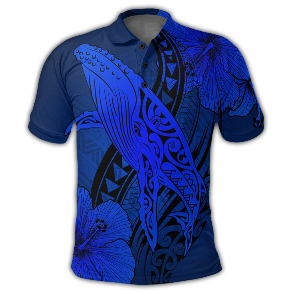 Hawaiian Map Whale Swim Hibiscus Polynesian Polo Shirt Blue - Polynesian Pride