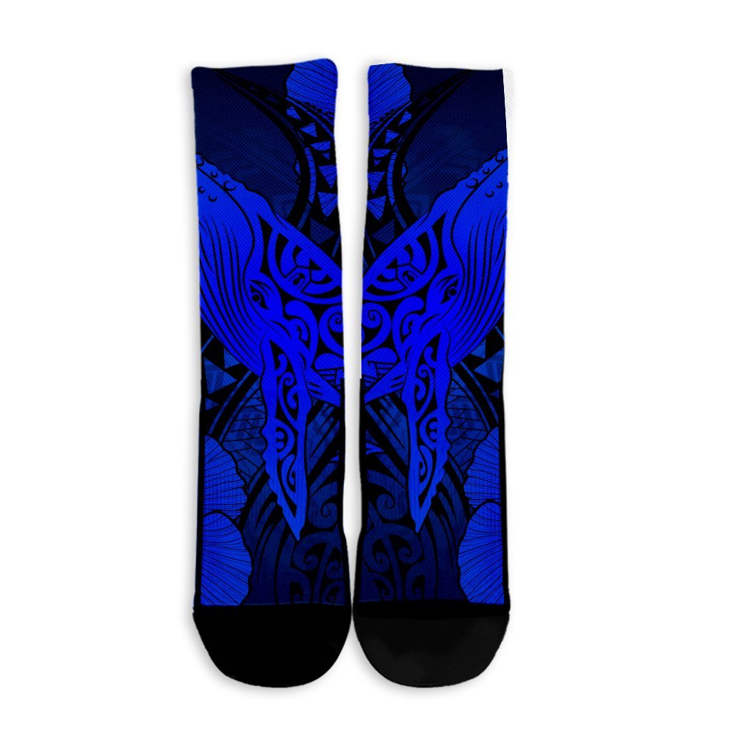 Hawaiian Map Whale Swim Hibiscus Polynesian Crew Socks - Blue - AH - Polynesian Pride