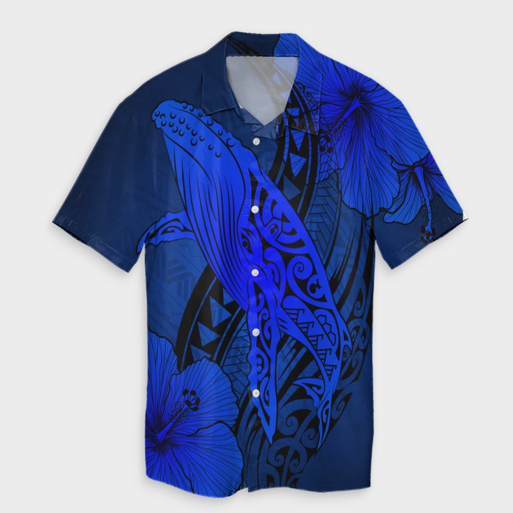 Hawaiian Map Whale Swim Hibiscus Polynesian Hawaiian Shirt - Blue - AH Unisex Black - Polynesian Pride