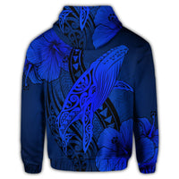 Hawaiian Map Whale Swim Hibiscus Polynesian Hoodie Blue - Polynesian Pride
