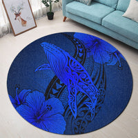 Hawaiian Map Whale Swim Hibiscus Polynesian Round Carpet - Blue - AH - Polynesian Pride